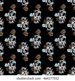 Seamless flower pattern with brown, blue and white elements on black background