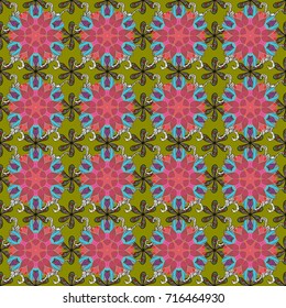 Seamless flower pattern can be used for wallpaper. Flowers on green, pink and brown colors. Vector illustration.