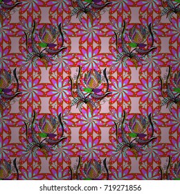 Seamless flower pattern can be used for wallpaper. Flowers on red, neutral and violet colors. Vector illustration.