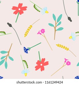 Seamless flower pattern of childish colorful plants. Hand drawn chamomile, bluebottle, bells, wheat, poppy and branch with leaves. Vector illustration.
