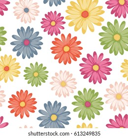 Seamless flower pattern with colorful daisies on white background