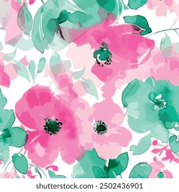 Seamless flower pattern with colorful hand drawn leaf and floral background elements with watercolor texture in pink and green colors