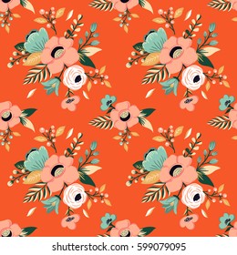 Seamless flower pattern. Colorful vintage floral background. Graphic set with bouquet of rose, rafflesia, leaves, herbs and other hand drawn botanical elements. Vector
