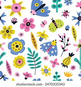 Seamless flower pattern with cute butterfly, ladybug, moth. Cute childish print with nature elements. Abstract flowers seamless pattern in flat style