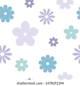 Seamless flower pattern. Cute daisy, camomile blossoms. Flat flowers of blue and violet colors on white background. Vector floral illustration. Spring romantic wallpaper. 