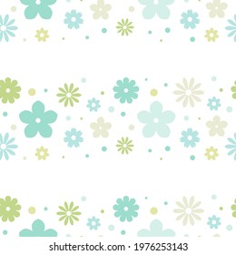 Seamless flower pattern. Cute daisy, camomile blossoms. Flat flowers of blue and green colors on white background. Vector floral illustration. Spring romantic wallpaper. 