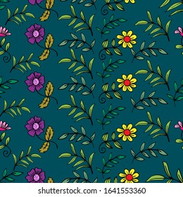 Seamless flower pattern. Cute floral pattern with colorful flowers and leaves.