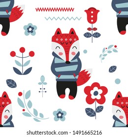Seamless flower pattern with cute fox  in Scandinavian style. Vector Illustration. Kids illustration for nursery design. Great for baby clothes, greeting card, wrapper.