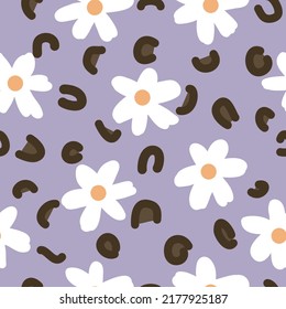 patrón de flores sin costura Con marrones y abstracción marrón sobre fondo morado. Vector de flores blancas.