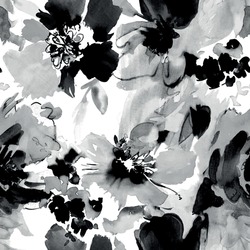 Seamless Flower Pattern With Dark Floral Background Elements With Watercolor Texture In Black, White And Gray