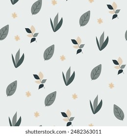 Seamless flower pattern design vector. Autumn seamless pattern with different leaves and plants, with seasonal colors.