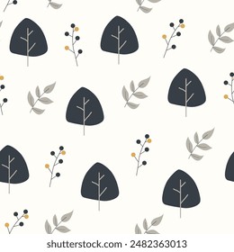 Seamless flower pattern design vector. Autumn seamless pattern with different leaves and plants, with seasonal colors.