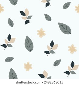 Seamless flower pattern design vector. Autumn seamless pattern with different leaves and plants, with seasonal colors.