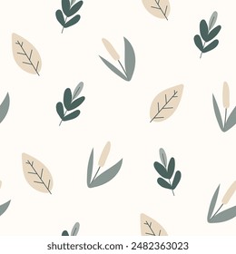 Seamless flower pattern design vector. Autumn seamless pattern with different leaves and plants, with seasonal colors.