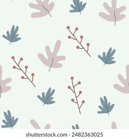 Seamless flower pattern design vector. Autumn seamless pattern with different leaves and plants, with seasonal colors.