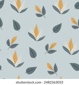 Seamless flower pattern design vector. Autumn seamless pattern with different leaves and plants, with seasonal colors.