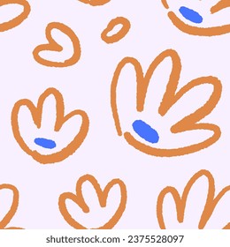 Patrón de flores sin foco al estilo de los niños de doodle. Resumen de la impresión de repetición floral. Fondo infinito, diseño de textura infantil lindo para envoltura, papel pintado, tela. Ilustración vectorial dibujada imprimible