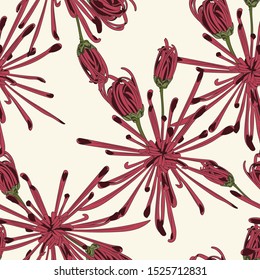 Seamless flower pattern for fabric design. Floral line burgundy chrysanthemum illustration.