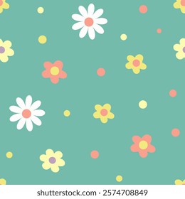 Seamless flower pattern featuring colorful daisies and dots on green backdrop. Perfect for print, stationery, textiles, product packaging or digital designs. Vector art