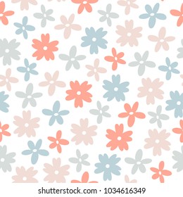 Seamless flower pattern. Flat bloom ornament with primitive elements in soft palette. Simple vector repeating texture. Modern swatch. Nature background for textile, print and any your design.