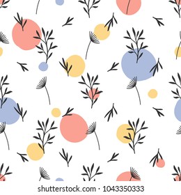 Seamless flower pattern. Flat botanical ornament with handdrawn nature elements & dots. Simple repeating texture. Modern original textile, wrapping paper, interior design. Vector multicolor swatch.