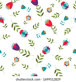 Seamless flower pattern. Flat botanical ornament with minimalistic elements in bright palette. Simple vector repeating texture. Modern swatch. Nature background for textile, print and any your design.
