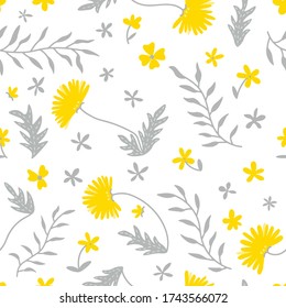 Seamless flower pattern. Flat botanical ornament. Summer yellow dandelions. Simple vector repeating texture. Nature background for textile, print, wallpapper or anything else.