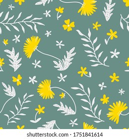 Seamless flower pattern. Flat botanical ornament. Summer yellow dandelions. Simple vector repeating texture.  Illustration for wallpapper, textile and etc. Green background