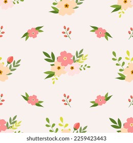 Seamless flower pattern. Flat botanical ornament with minimalistic elements in soft palette. Simple vector repeating texture. Modern swatch.