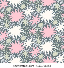 Seamless flower pattern. Flat nature ornament with minimalistic elements in trendy palette. Simple vector repeating texture. Modern swatch. Handdrawn background for textile, print and any your design.