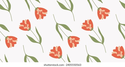 Seamless Flower pattern in flat style. Minimalist botanical endless ornament. Simple floral vector repeating texture. Nature background for textile, print and any your design.