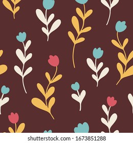 Seamless flower pattern. Floral seamless background in flat style. Botanical vector repeating background. Simple stylish design. Vector spring background in bright colors