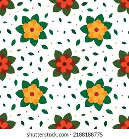 Patrón de flores sin foco, fondo de patrón floral sin foco, Este diseño de patrón tiene flores anaranjadas con hojas verdes