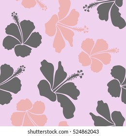 Seamless flower pattern. Floral background in gray, pink and neutral colors. Vector seamless pattern with gray, pink and neutral hibiscus. Seamless floral pattern.