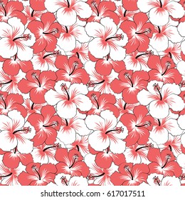 Seamless flower pattern. Floral background in pink and white colors. Vector seamless pattern with pink and white hibiscus. Seamless floral pattern.