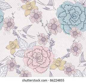 Seamless flower pattern.
Seamless floral pattern with birds. Elegant and romantic background with swallows.