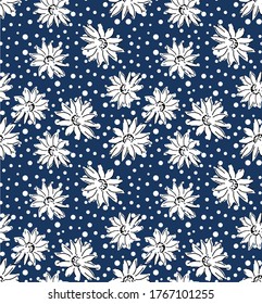 seamless flower pattern, floral print, polka dot background. 
