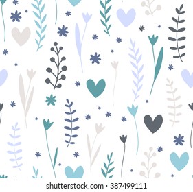 Seamless flower pattern. Seamless floral pattern with twigs and flowers. Pattern of herbal hand drawn decorative elements on white background.
