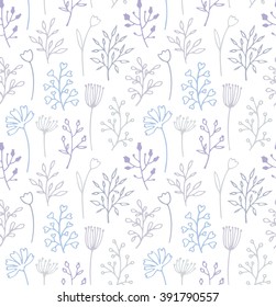 Seamless flower pattern. Seamless floral pattern with twigs and flowers. Pattern of floral hand drawn decorative elements on white background. Lilac herbal pattern
