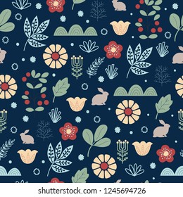 Seamless flower pattern, flowers and hares, multi-colored, abstract, dark blue background, hand drawing, vector illustration