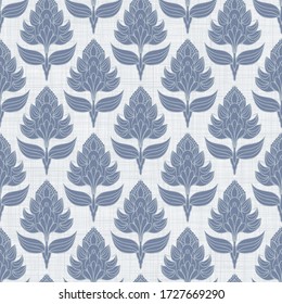 
Seamless flower pattern in french blue linen shabby chic style. Hand drawn floral damask texture. Old white blue background. Interior wallpaper home deco swatch. Ornate flourish motif all over print
