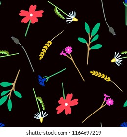 Seamless flower pattern of fun colorful plants. Hand drawn chamomile, bluebottle, bells, wheat, poppy and branch with leaves on black background. Vector illustration.