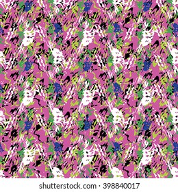Seamless flower pattern with green, black, lilac and white elements on pink background