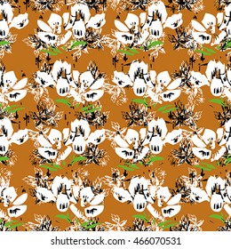Seamless flower pattern with green, black and white elements on yellow background