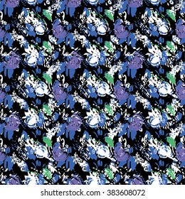 Seamless flower pattern with green, blue, lilac and white elements on black background