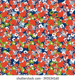 Seamless flower pattern with green, blue, white and red elements on violet background