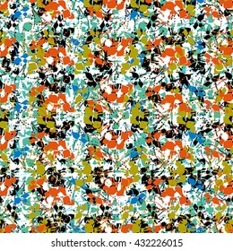 Seamless flower pattern with green, blue, orange, yellow and black elements