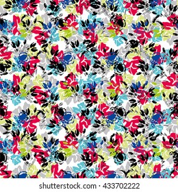Seamless flower pattern with green, blue, pink, grey and black elements