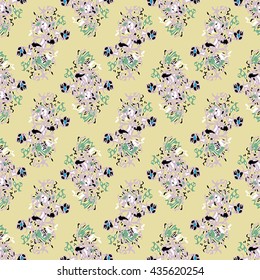 Seamless flower pattern with green, blue, pink, black and white elements on yellow background