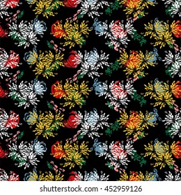 Seamless flower pattern with green, blue, yellow, orange and white elements on black background